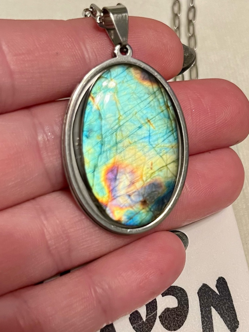 Iridescent Blue green yellow purple Labradorite Oval Pendant